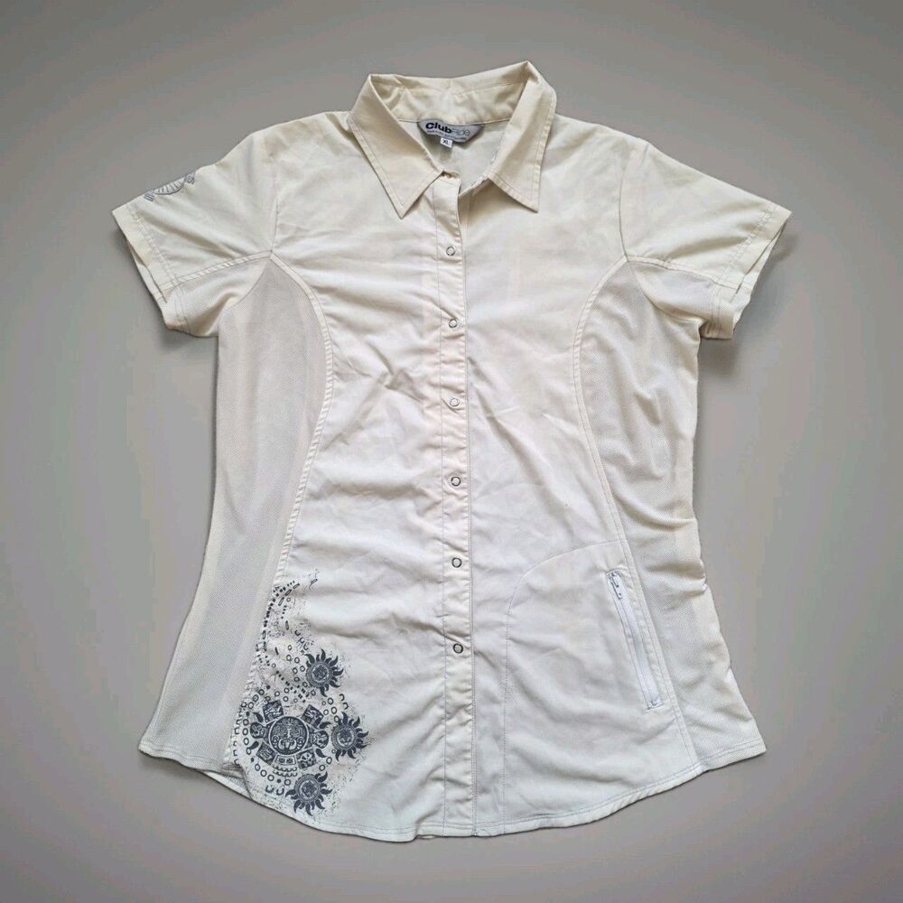 Club Ride Short Sleeve Snap Button Solid Cream Shirt Women Size XL Pockets Cycle